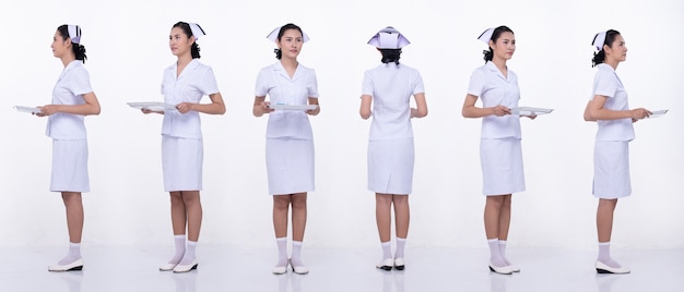 Collage Group Full length Figure snap of 20s Asian Woman wear Nurse White uniform skirt and shoes. Female hold tray and turns 360 around rear side back view over white Background isolated