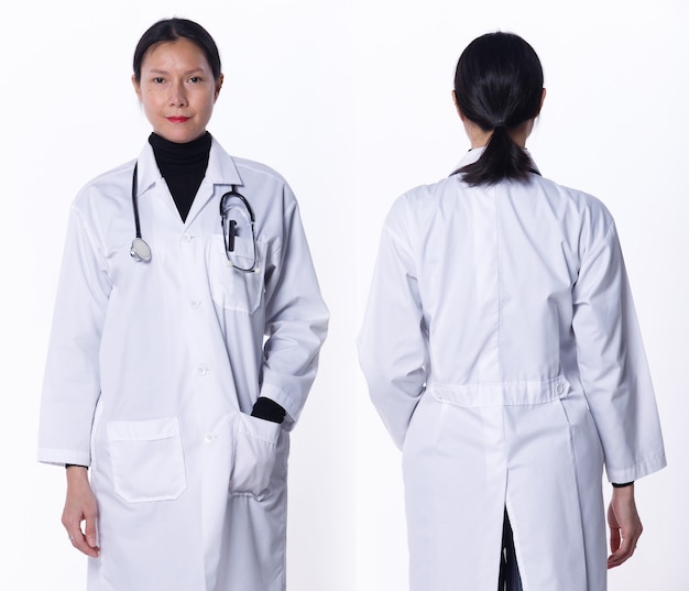 コラージュグループ半身40代50代アジアのLGBTQIA +ドクターウーマンの白衣、聴診器を着用。医療の女性が立って、白い背景の分離されたフロントバックリアビューを回します