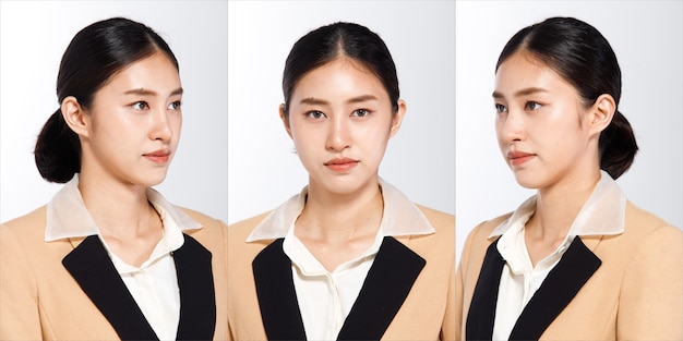 コラージュグループハーフボディ20代アジアンウーマンブラックショートヘアフォーマルブレザースーツのフィギュアスナップ。分離された白い背景の上の顔に感情を表現する営業所の女の子