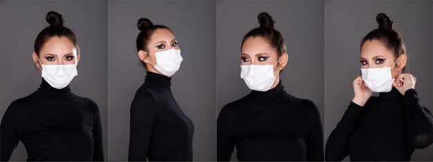 Collage Group Half Body Portrait of 20s Asian Woman black hair black turtle neck dress. Fashion Girl poses many view looks, cosmetic on Eyes, wear protective face mask over gray Background isolated