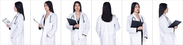 Collage Group Half body portrait of 20s Asian Woman black hair doctor gown and suit. Doctor Female hold medical files and turn 360 around back rear side view over white Background isolated