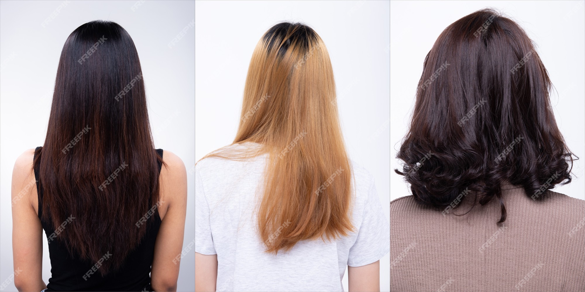 Premium Photo | Collage group pack of back side view to present hair style  of long black, short curl and long blonde hair. studio lighting white  background isolated copyspace