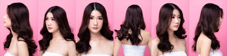 Photo 패션 젊은 20대 아시아 여성의 콜라주 그룹 팩은 아름다운 흑발 패션 셔츠 드레스를 입고 매력적인 글램 룩을 연출합니다. 스튜디오 조명 핑크 배경 격리 복사 공간, 얼굴 주위 360