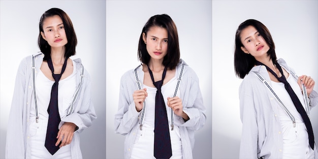 Collage group pack of fashion young skinny asian woman short\
hair wear white shirt necktie, clips suspenders posing attractive\
glam look. studio lighting white background isolated copyspace