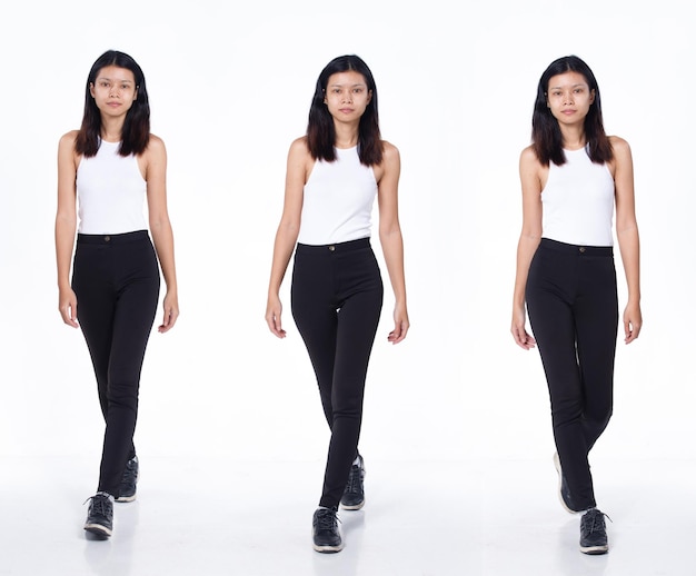 Collage group pack of Full Length body Snap Figure Indian Arab casual Woman Stand in black short hair pants and sneaker shoes white background isolated Female walks step natural forward