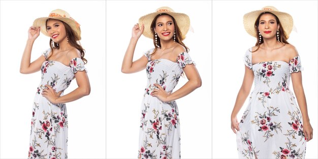 Collage Group Pack Portrait of Fashion Young caucasian Woman curl hair beautiful make up smile and happy with many pose in summer pattern dress wear hat. Studio Lighting white Background isolated