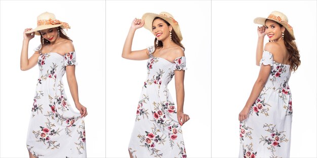 Collage Group Pack Portrait of Fashion Young caucasian Woman curl hair beautiful make up smile and happy with many pose in summer pattern dress wear hat. Studio Lighting white Background isolated
