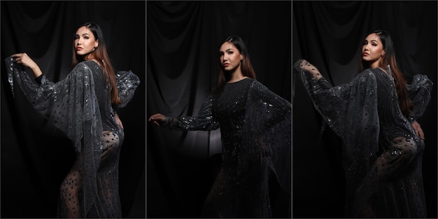 Collage Group Pack Portrait of Young Slim Transgender Asian Woman wears sequin Evening Ball Gown long dress, Beautiful Girl poses full length in difference style elegant stand, black background