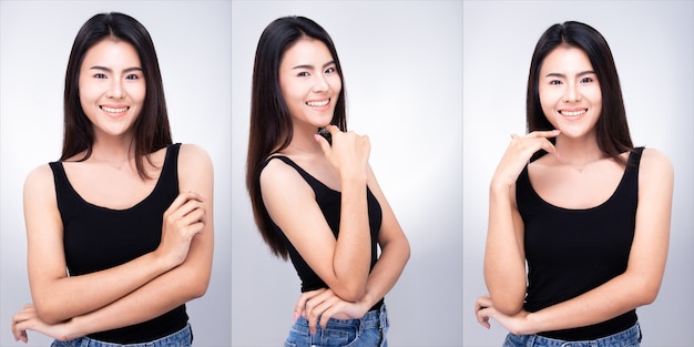 Collage Group Pack of Young 20s Asian Woman black long straight hair wear vast jean pose with smile face and arms in good mood enthusiasm and optimistic. Studio Lighting white Background isolated