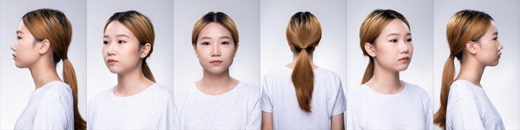 Photo 젊은 10대 아시아 여성 금발 머리 회색 셔츠의 콜라주 그룹 팩은 밝은 분위기의 열정과 낙관적인 미소 얼굴과 팔로 포즈를 취합니다. 스튜디오 조명 흰색 배경 절연