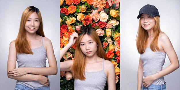 Collage Group Pack of Young Teenager Asian Woman blonde color dying hair gray shirt pose with smile face and arms in good mood optimistic. Studio Lighting white, flower Background isolated