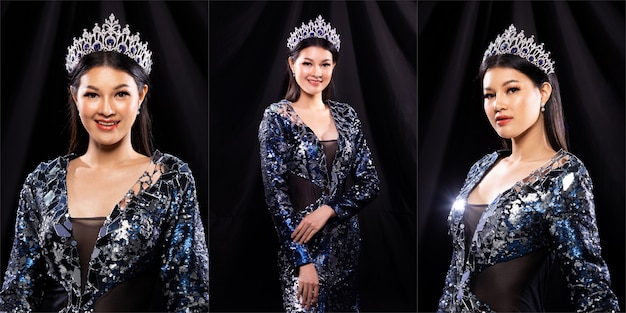 Photo collage group portrait of miss pageant beauty contest in blue sequin evening ball gown with sparkle light diamond crown, asian woman feels happy smile and poses many difference style over dark drape