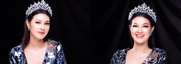 Коллаж Групповой портрет конкурса красоты Miss Pageant в блестящем вечернем платье с блестками и бриллиантовой короной, азиатка прикрепляет двойными тесьмами веко и ресницы с милой счастливой улыбкой