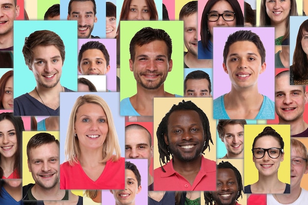 Collage group portraits of multiracial young smiling people social media