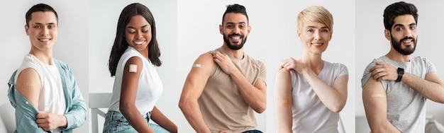 Photo collage of happy diverse vaccinated people with bandaids on arms