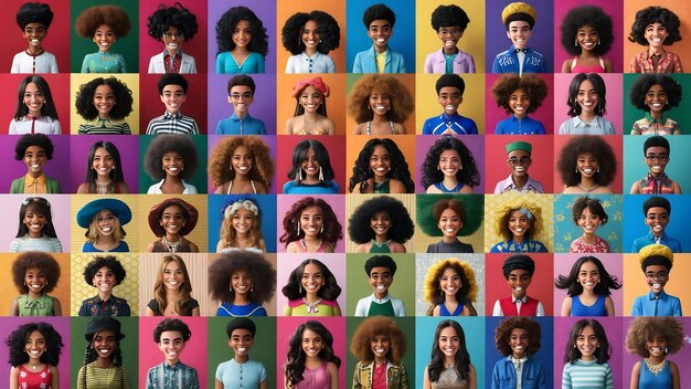 Collage of happy multiracial young people avatars on studio backgrounds