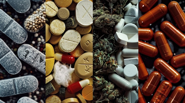 collage heroinopiatesmarijuanacannabistablet LSDecstasycocainexanaxdrugs addiction