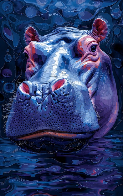 Collage of hippopotamus submerged in water with fabric and tissue paper poster flyer concept style