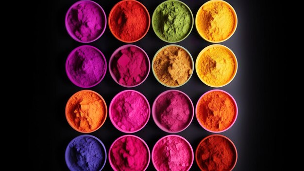 Collage of holi powders in bowls on white background