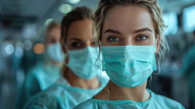 Collage of hospital staff wearing masks and gloves working together essential workers concept documentary style natural lighting