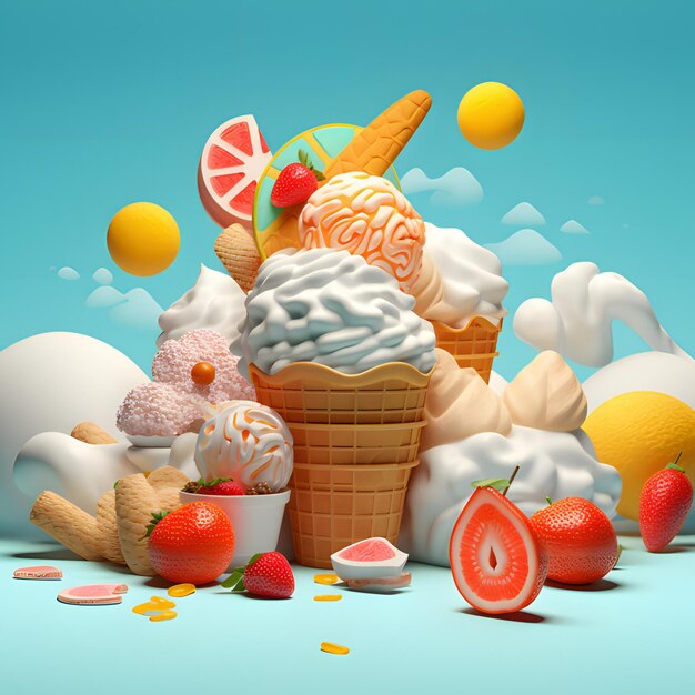 A collage of ice cream and fruit with a blue background