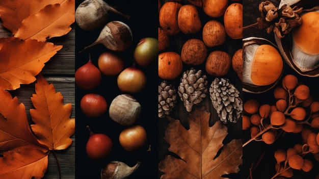 A collage of images of fruits and leaves