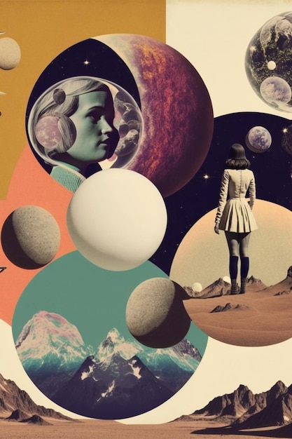 A collage of images including a woman and a planet.