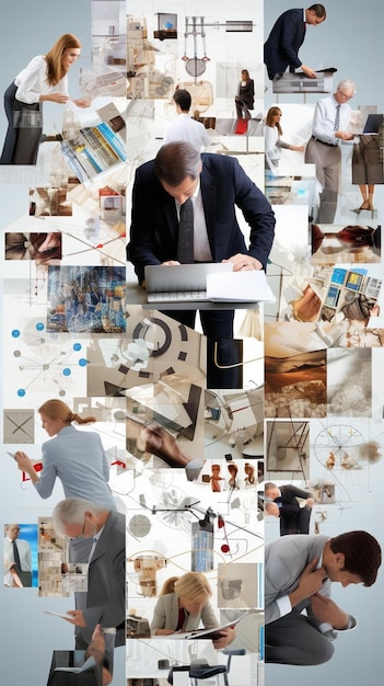 Photo a collage of images with a man working on a computer