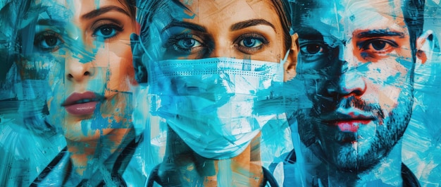 Коллаж лиц работников интенсивной медицинской помощи с динамичным художественным голубым фоном