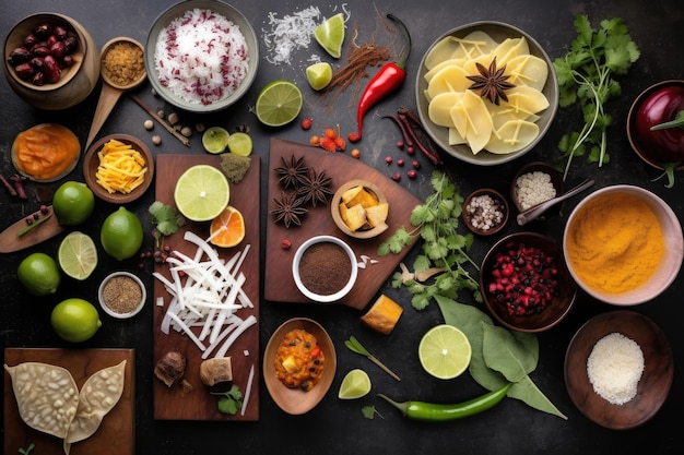 A collage of international ingredients for a globally inspired recipe created with generative ai