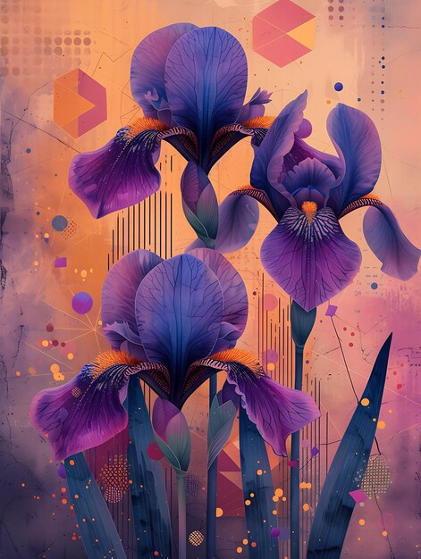 Photo collage of iris flowers in a vibrant palette of purple and gold featuri digital art concept poster