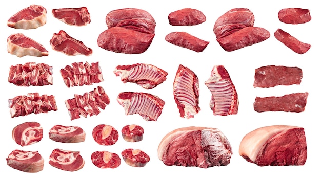 Collage of isolated raw beef meat pieces