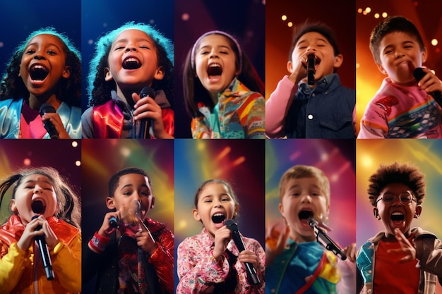 Photo collage of kids performing in a multicultural generative ai