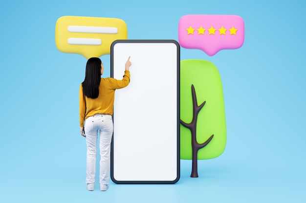 Collage of lady using phone with rating icons blue background