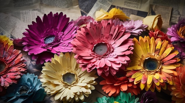 Photo collage made of magazines and colorful paper mood gerbera flowers