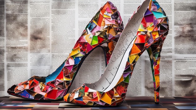 Photo collage made of magazines and colorful paper mood high heels red shoes