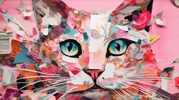 Collage Paper Cat with Pink Ribbon Art Board Print for Sale by