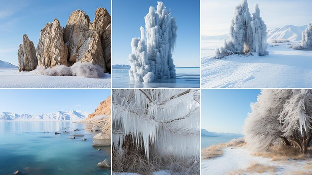 Photo collage of majestic winter views at olkhon island lake baikal