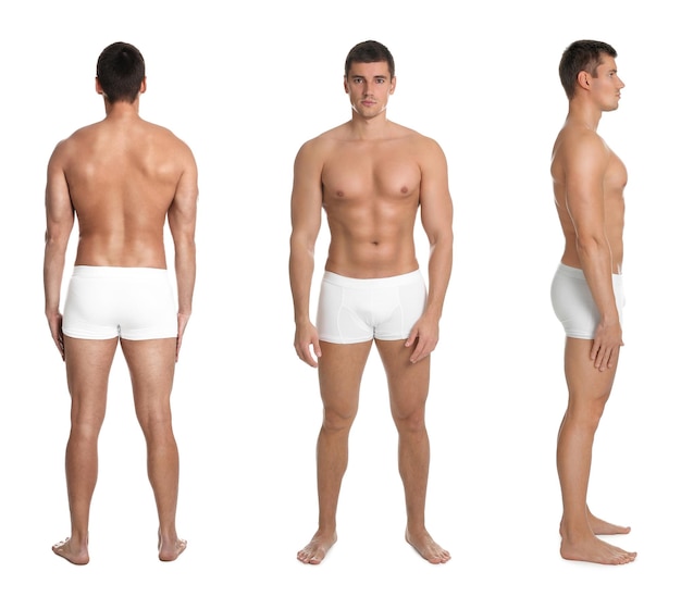 Collage of man with sexy body on white background