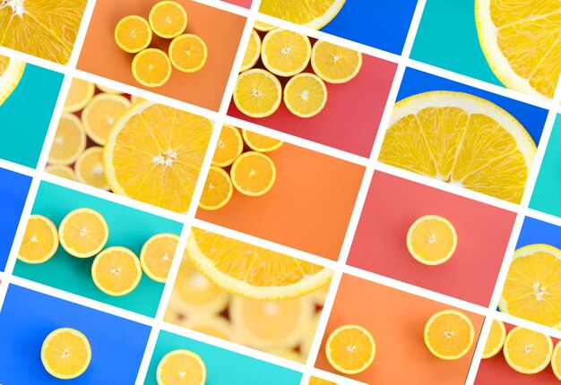 A collage of many pictures with juicy oranges. 