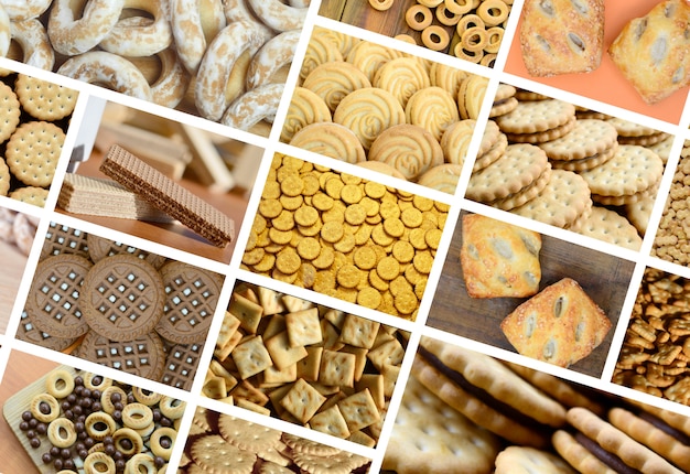 A collage of many pictures with various sweets close-up. 