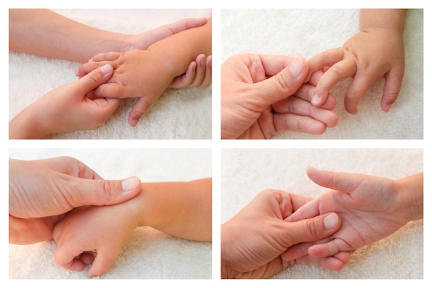 Collage masseur doet massage vingers van de hand kleine baby