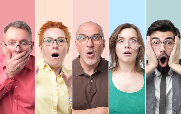 Photo collage of men and women with glasses feeling shocked and stressed