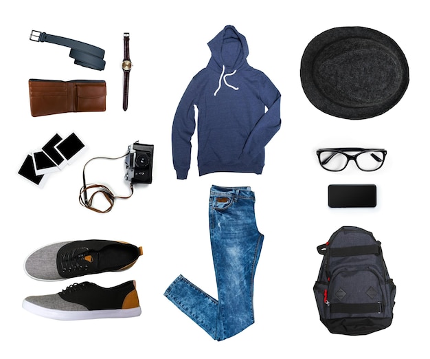 collage of mens clothing isolated white background