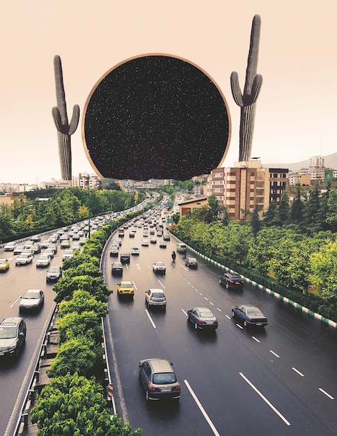 Collage met auto's en gigantische cactussen.