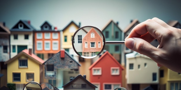 Collage met een vergrootglas en papieren huizen bij de hand Onroerend goed zoekconcept