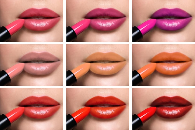 Collage met foto's van vrouw die verschillende mooie lippenstiften close-up aanbrengt
