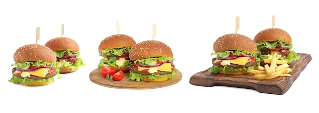 Collage met heerlijke hamburgers op witte achtergrond