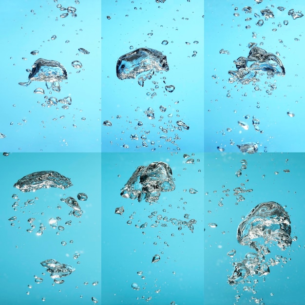 Foto collage met luchtbubbels in water op lichtblauwe achtergrond