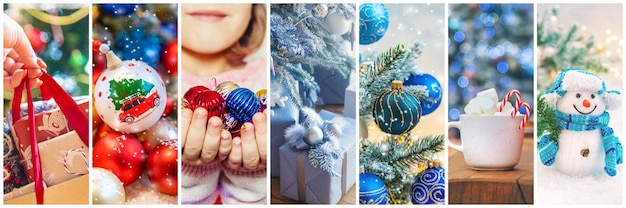 Collage met prachtige kerstfoto's. Selectieve aandacht. Nieuwjaar.